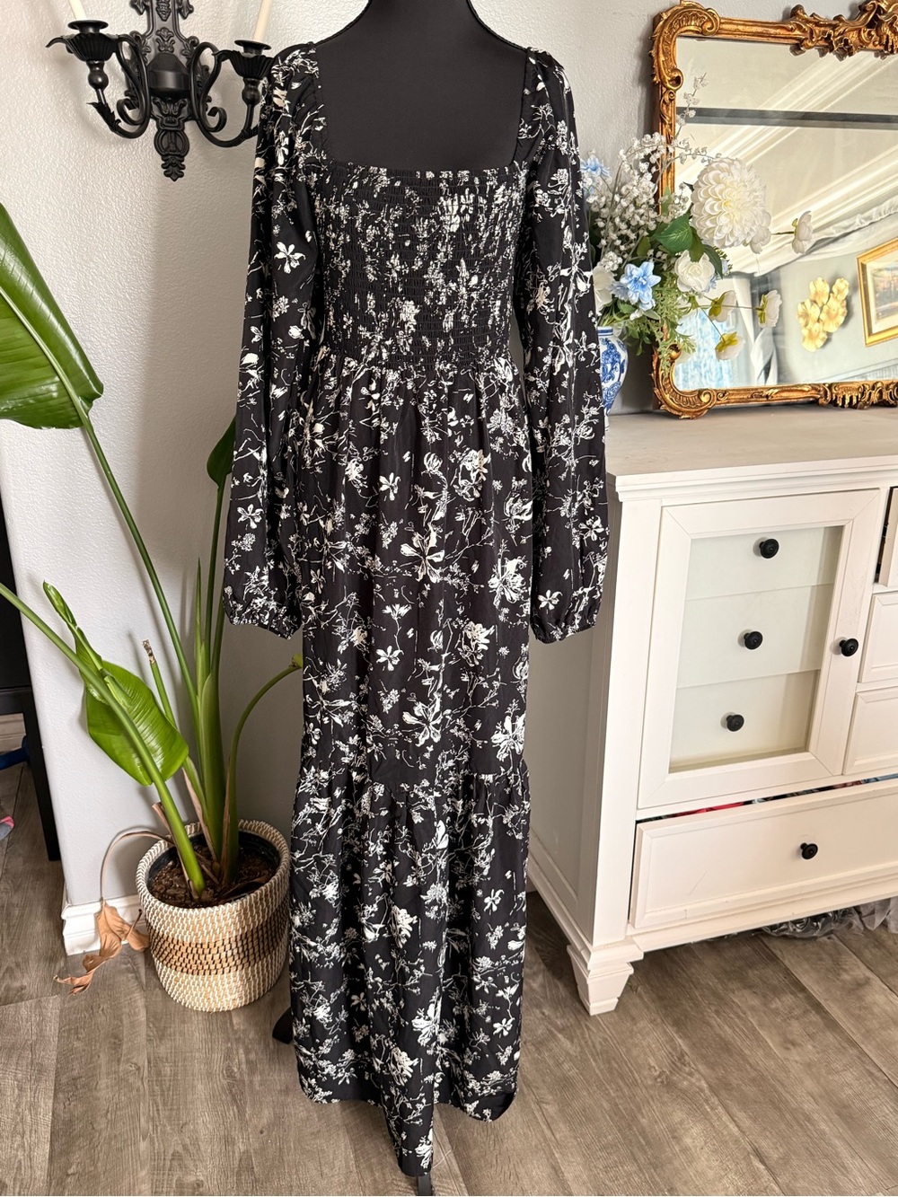 Black Floral Smocked Maxi Dress - Women's Long Sleeve